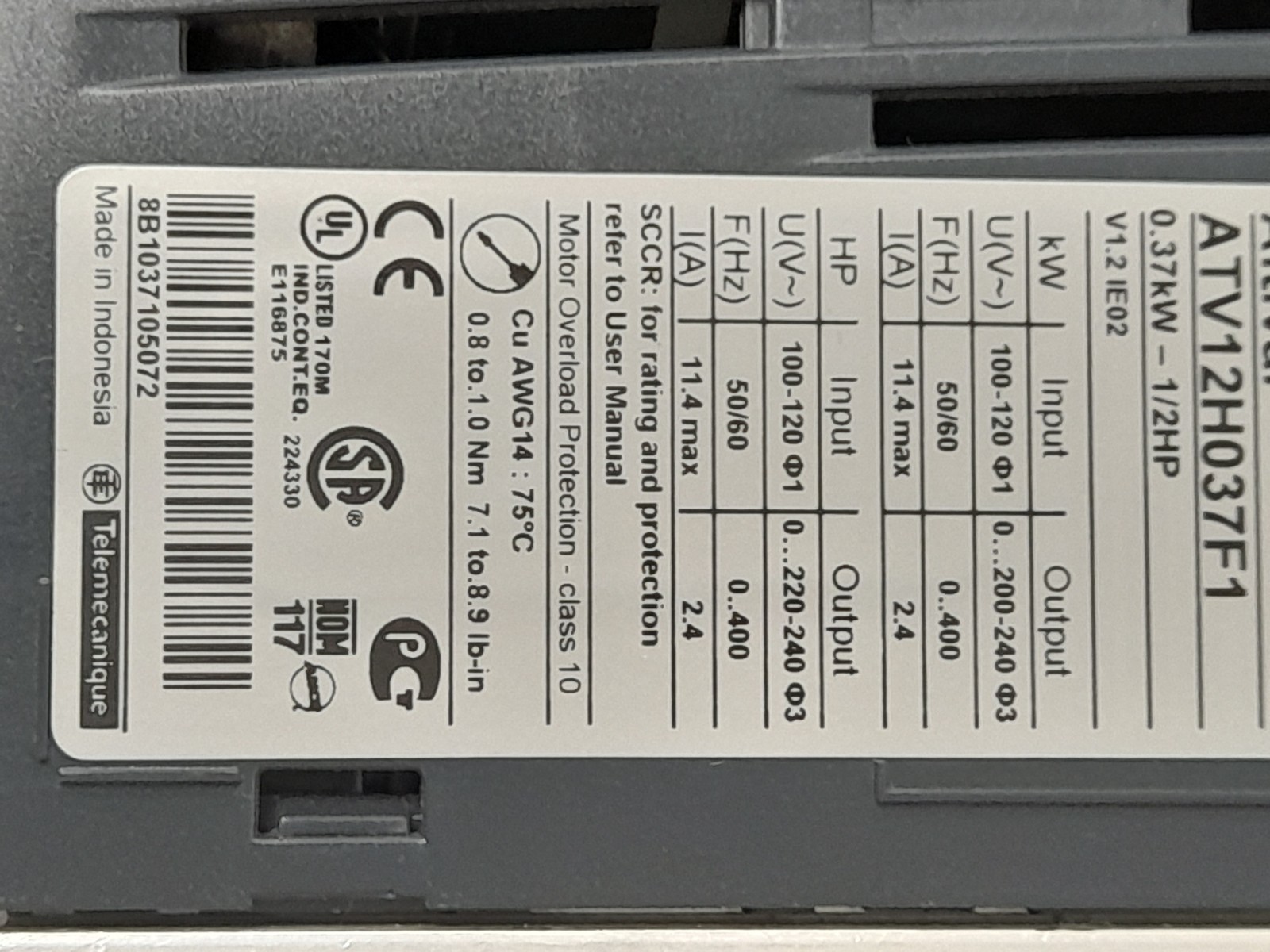 SCHNEIDER ATV12H037F1 Motor Drive AC Drive, 0.5 HP 115v in, 230v out