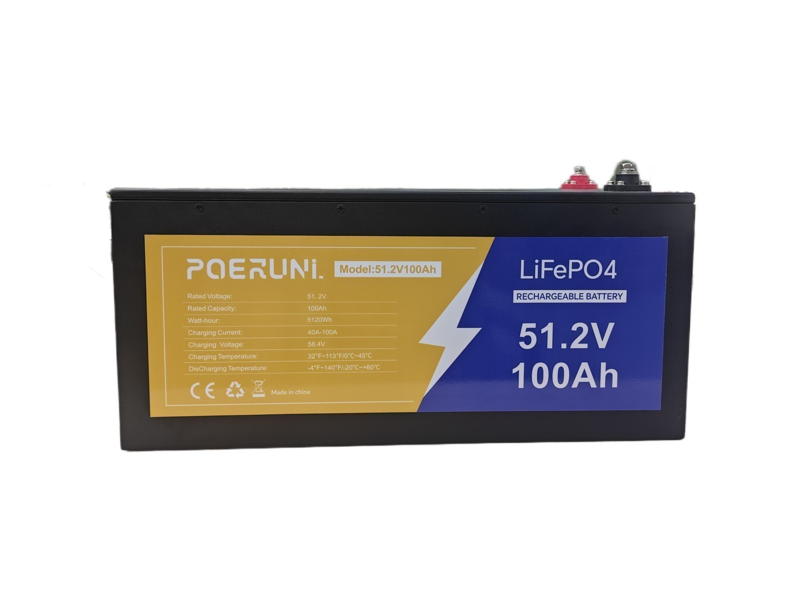 POERUNI 48V 100AH LiFePO4 Lithium Battery with 20A Charger Metal Case Golf Cart
