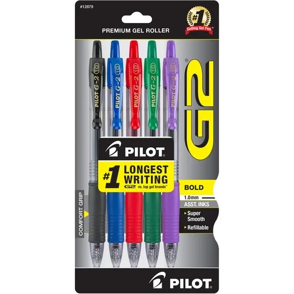 Pilot G2 Premium Retractable Gel Ink Pens, Bold Point 1.0, Assorted Ink, 5 Count