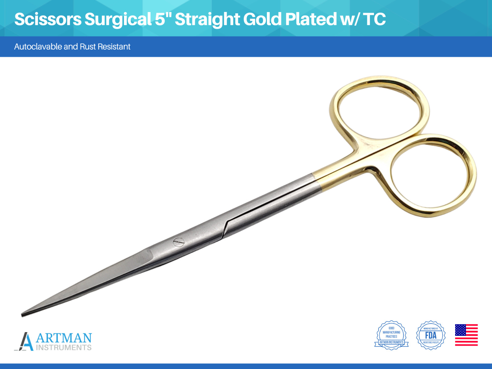 Scissors Surgical 5″ Straight Gold Plated Handle Tungsten Carbide ARTMAN