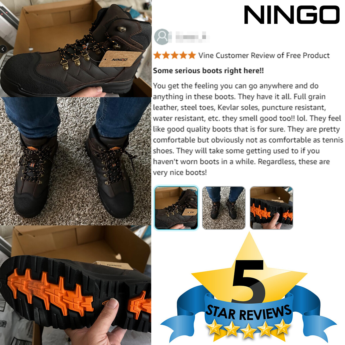 NINGO Men’s Steel Toe Work Boots Leather Industrial & Construction Safety Boots