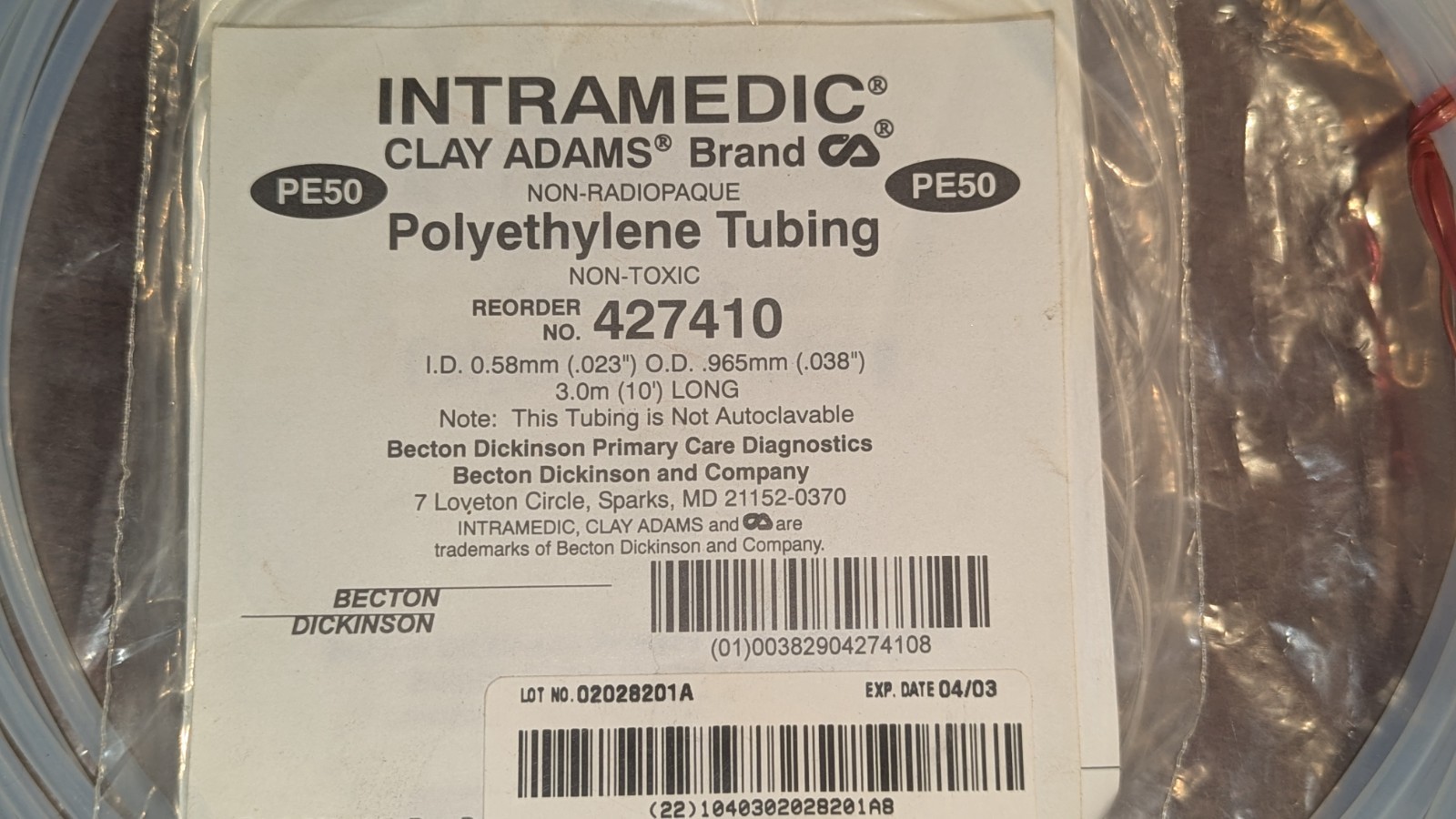 Clay Adams 427410 Non-Toxic Polyethylene Tubing 0.58mmx0.965mmx3m NOS