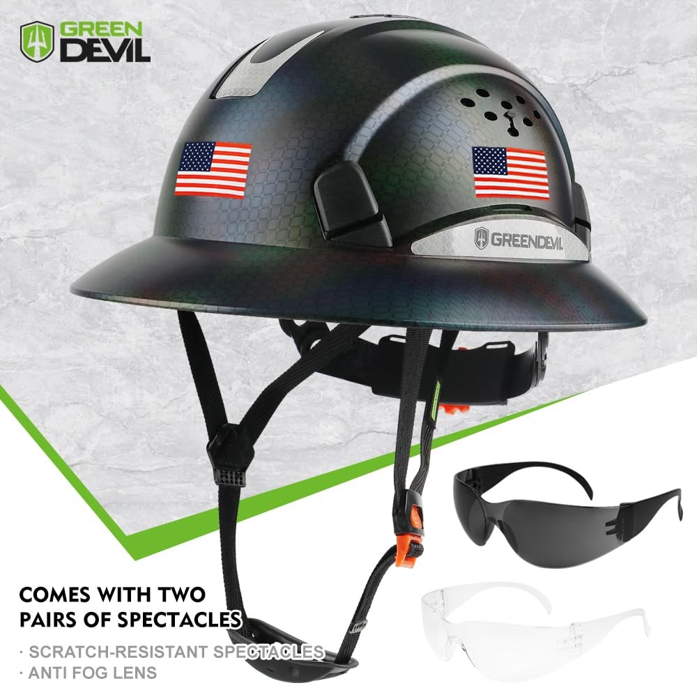 GREEN DEVIL Full Brim Hard Hat Vented Construction Safety Helmet OSHA Approve