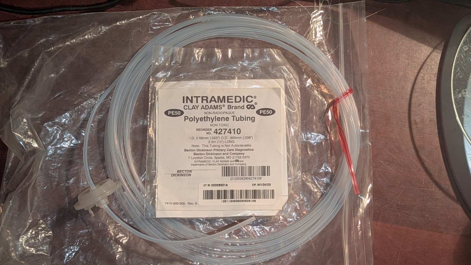 Clay Adams 427410 Non-Toxic Polyethylene Tubing 0.58mmx0.965mmx3m NOS