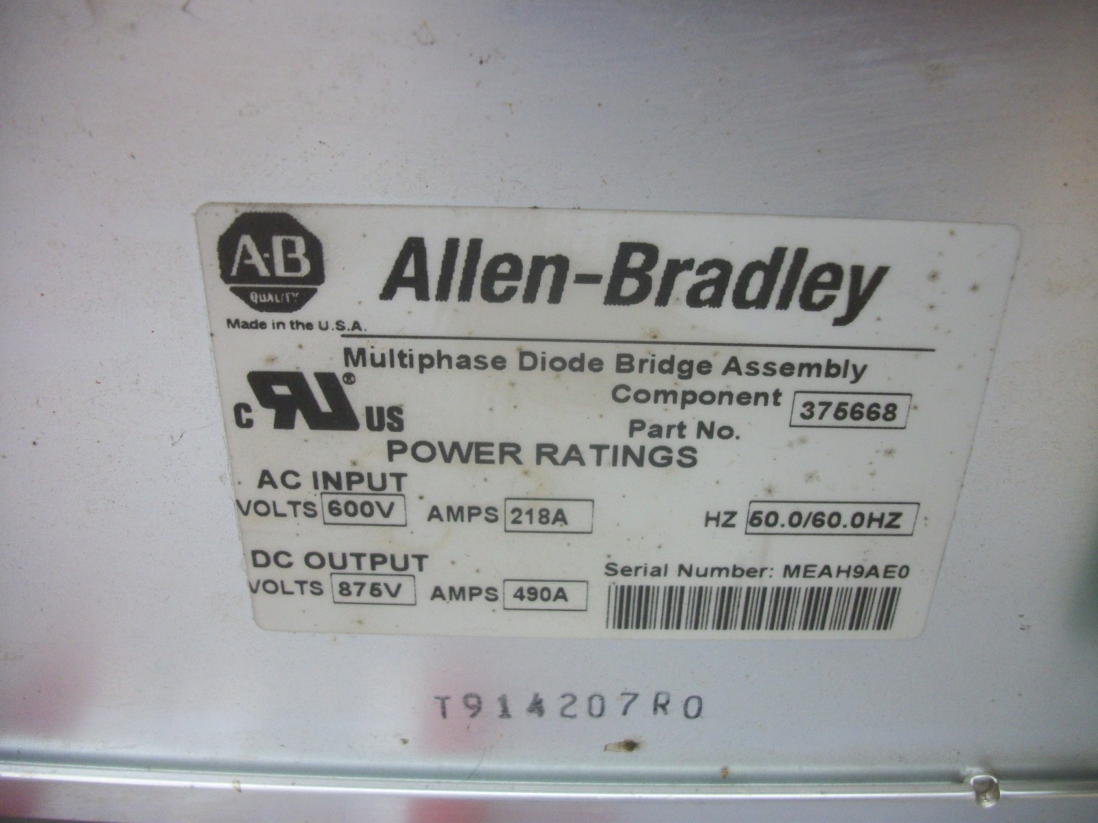ALLEN-BRADLEY MULTIPHASE DIODE BRIDGE ASSEMBLY 375668 IN 600V 218A OUT 875V 490A