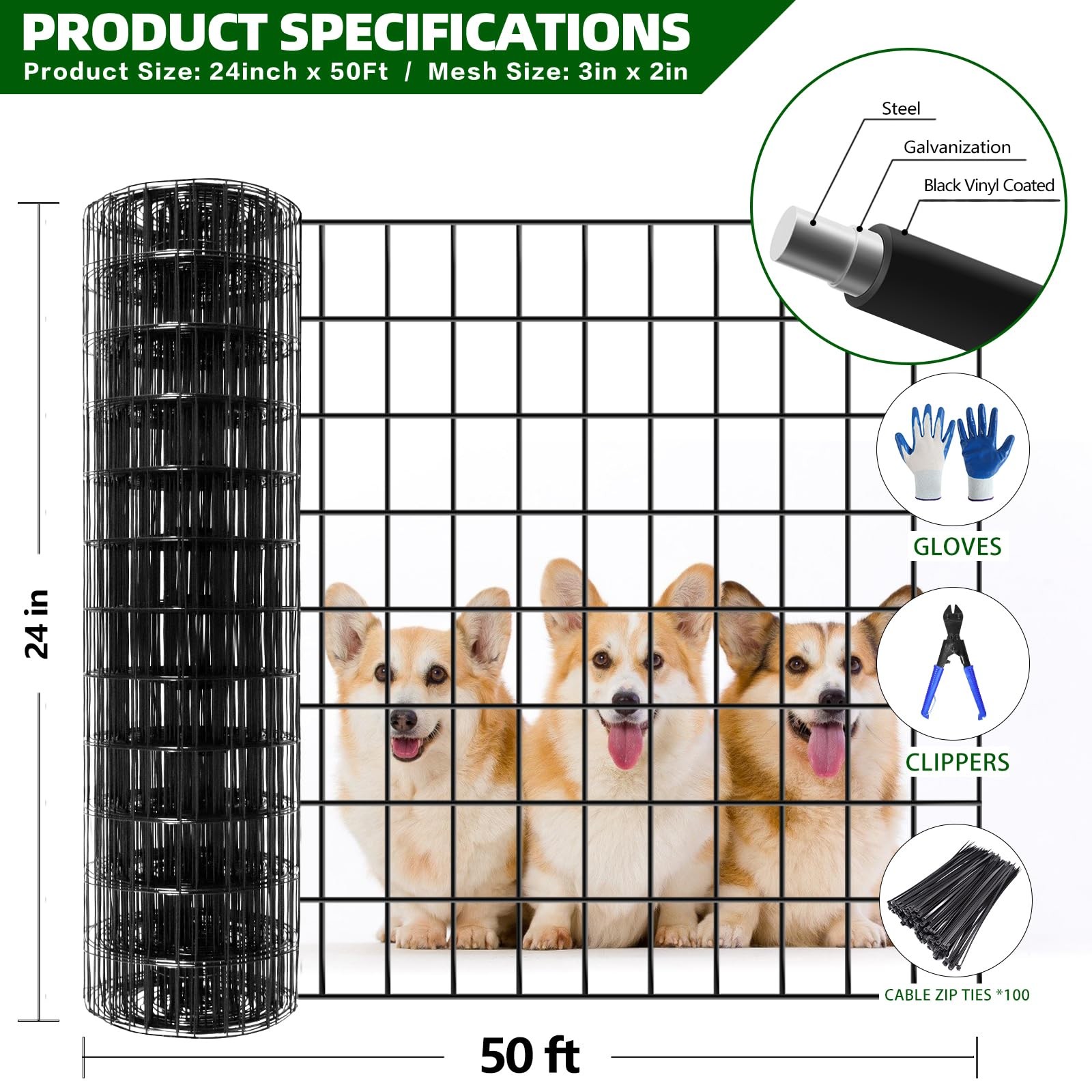 Welded Wire Fence, 50ft(L) x 24inch(H) Garden Fence for Dog, 2 Inch x 3 Inch …