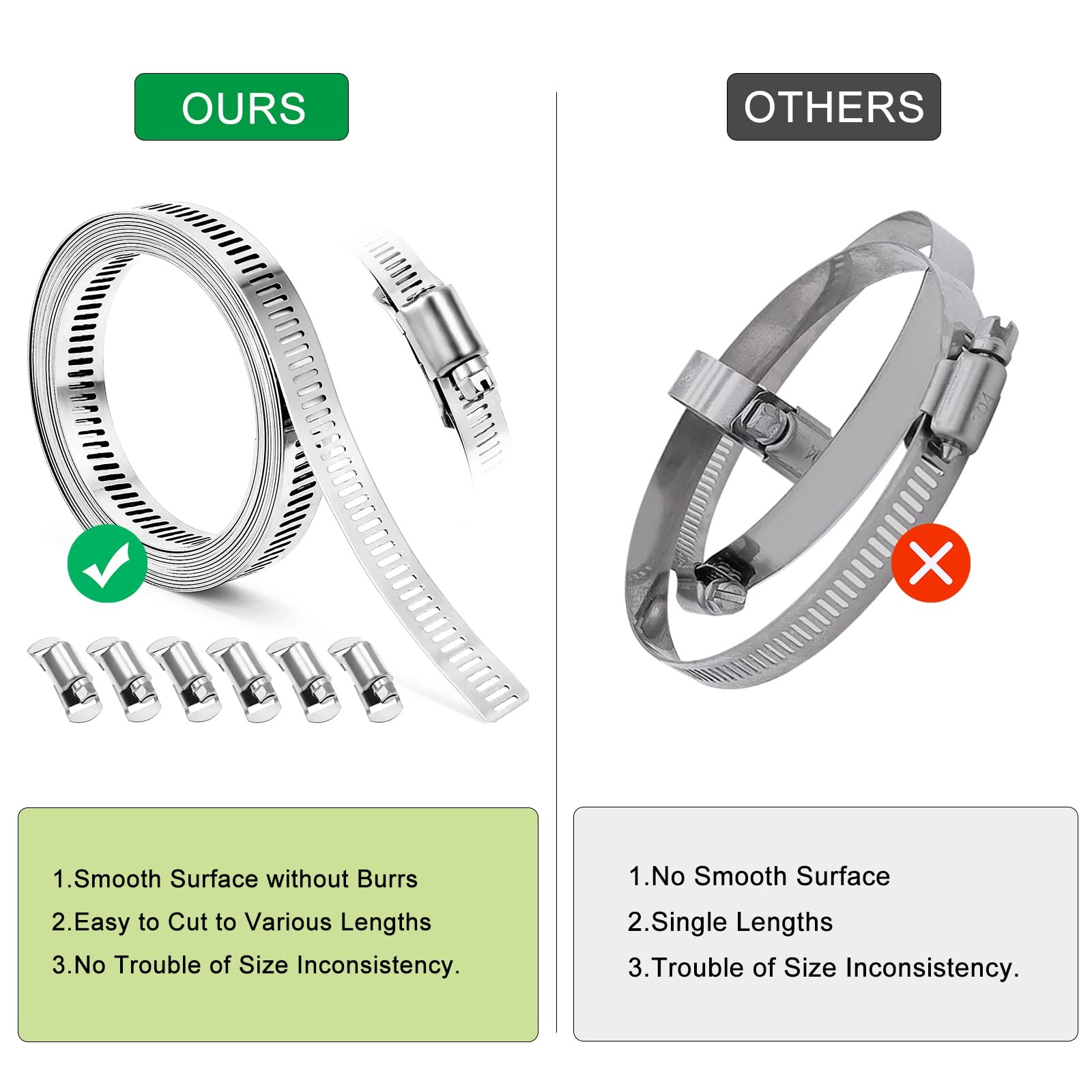8.5 Ft DIY Hose Clamp Metal Strap with 6 Fasteners Silver Kit