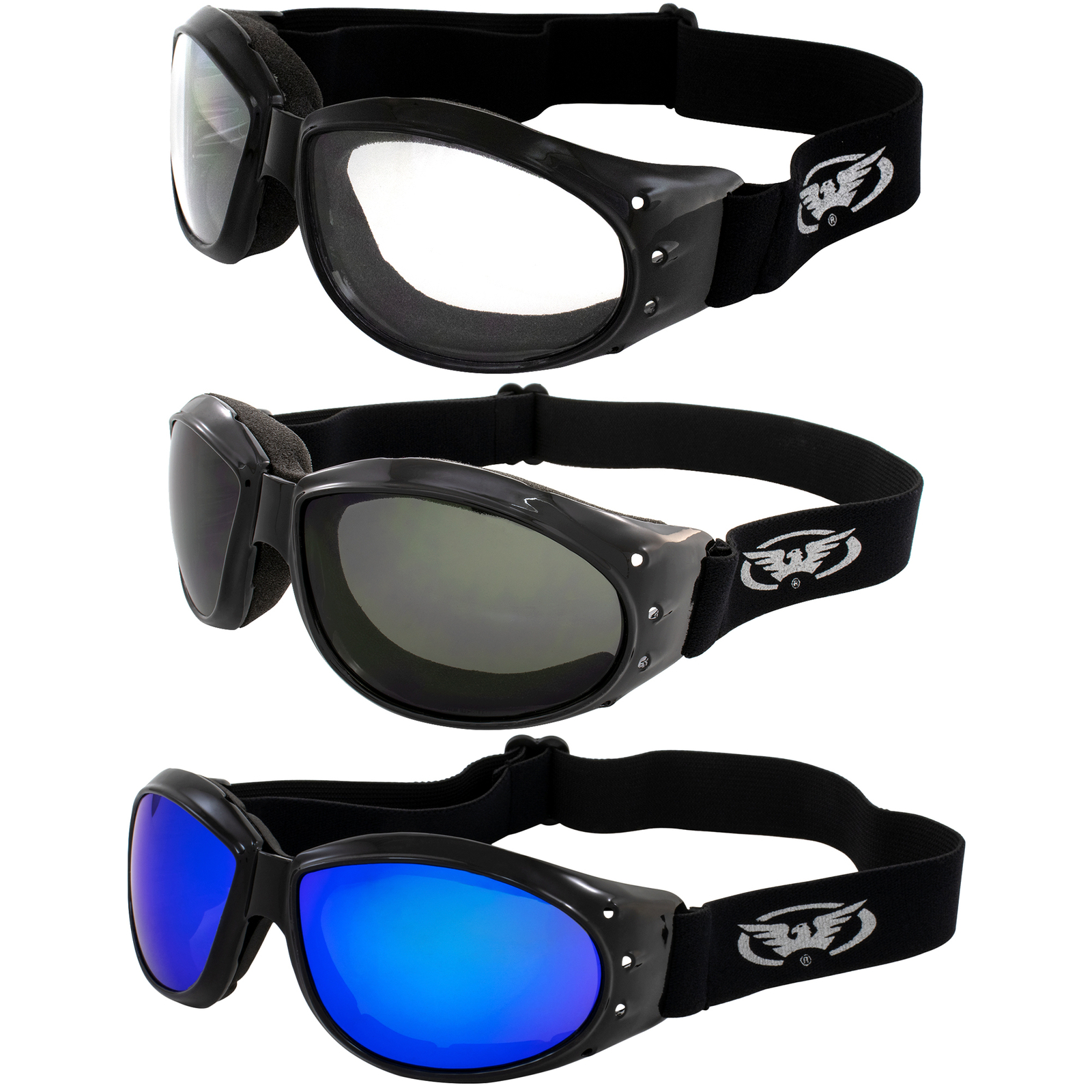 3 Pairs of Global Vision Eliminator Goggles Black with Clear Smoke & Blue Lenses