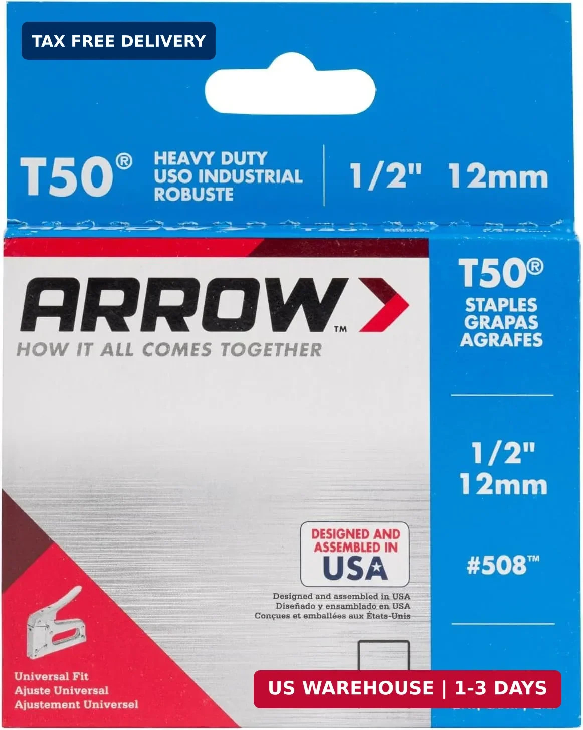 Arrow 508 Heavy Duty T50 1/2-Inch Leg Length, 3/8-Inch Crown, Staples for Uphols