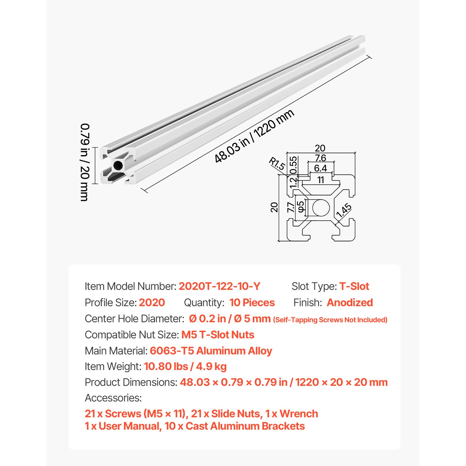 Uimoso 10PCS 2020 Aluminum Extrusion 48″ 1220 mm T Slot Anodized Linear Rail