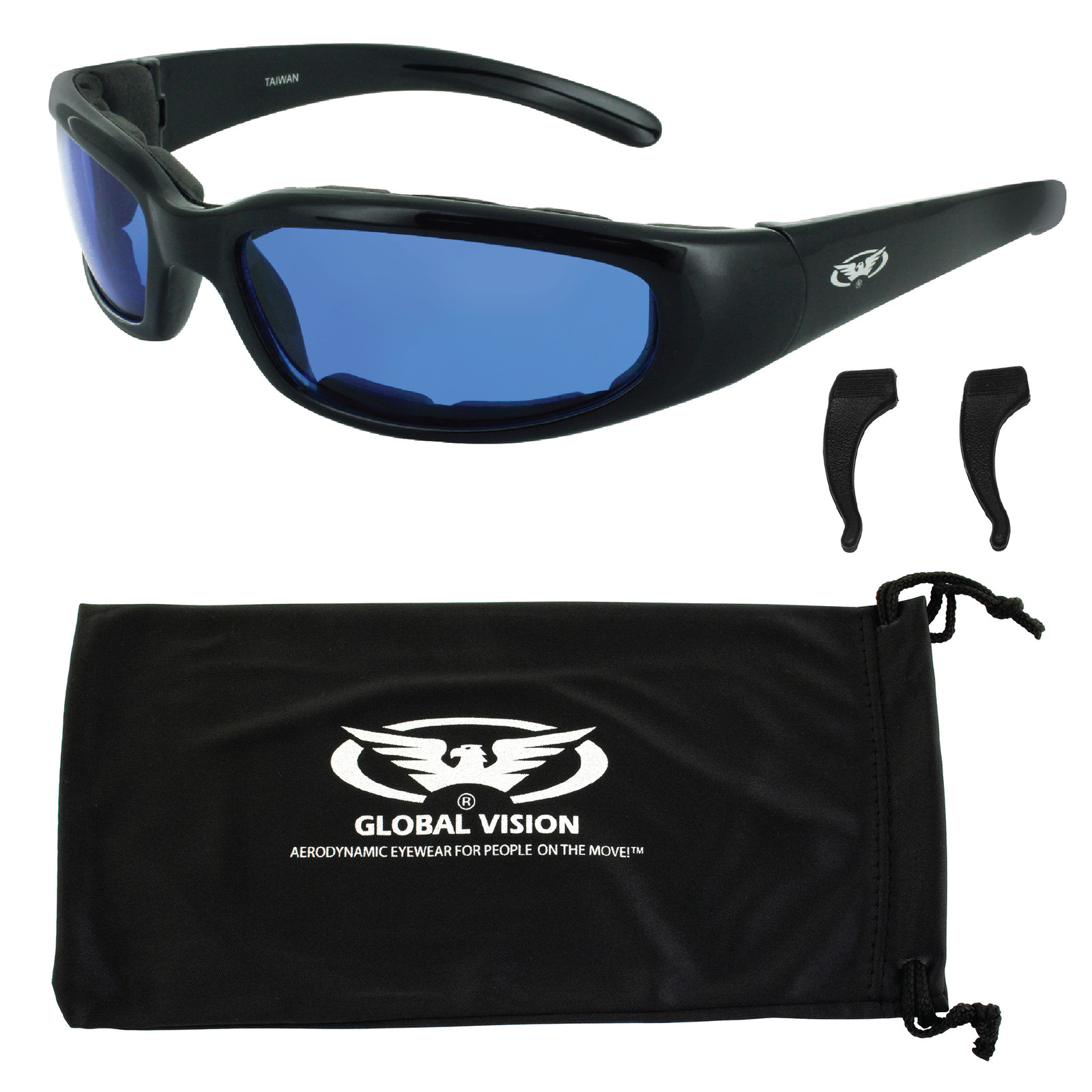 Global Vision Chicago Padded Motorcycle Glasses Black w Blue Lens EAR LOCK Pouch