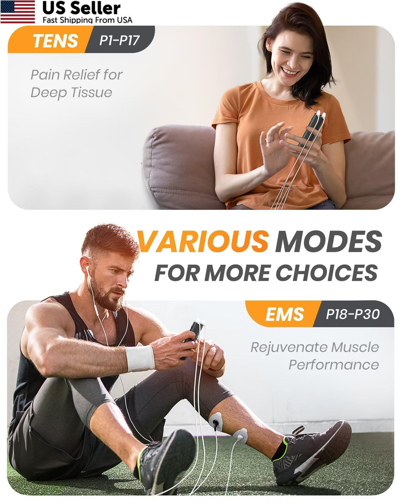 AVCOO 30 Modes TENS EMS Unit Compact Muscle Stimulator for Pain Relief Black