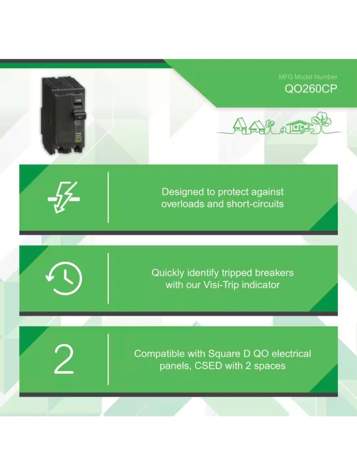 Square D Circuit Breaker QO, 60 Amp, 2 pole, 120/240VAC, 10kA (QO260)
