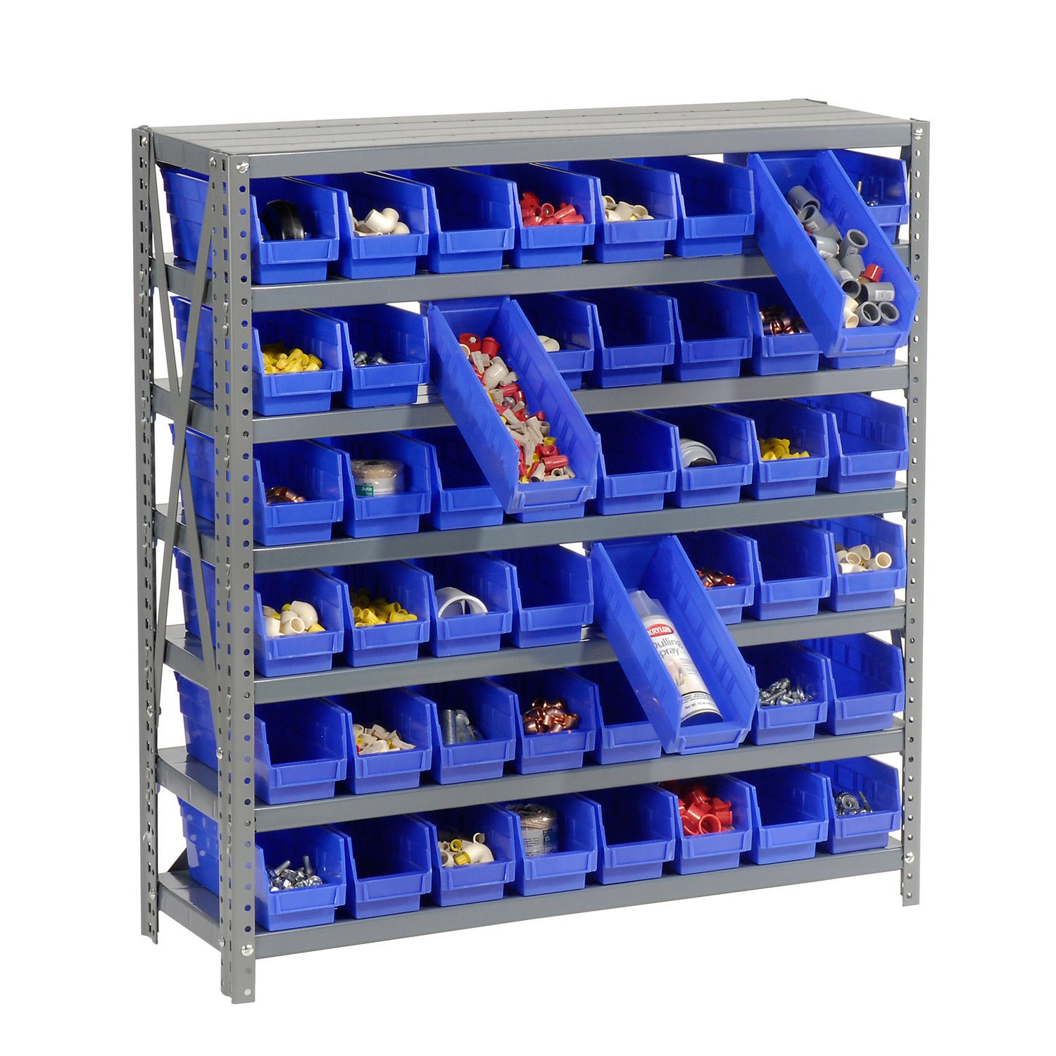 7 Shelf Steel Shelving with (48) 4″H Plastic Shelf Bins Blue 36x12x39