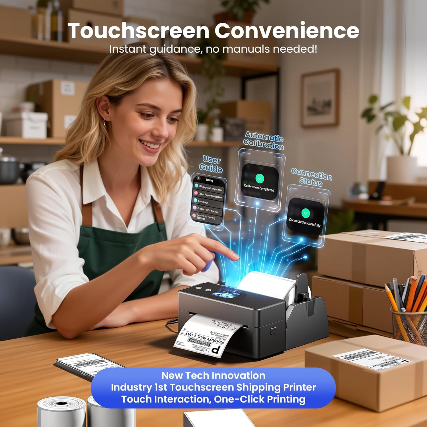 Phomemo PM64D Bluetooth 4×6 Thermal Touchscreen Shipping Label Printer for USPS