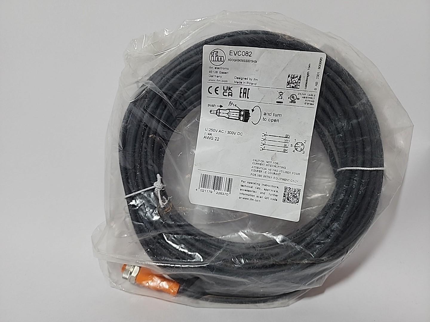 IFM EVC082 Single Ended Cordset, M12 Female to Pigtail, 15M, AWG22