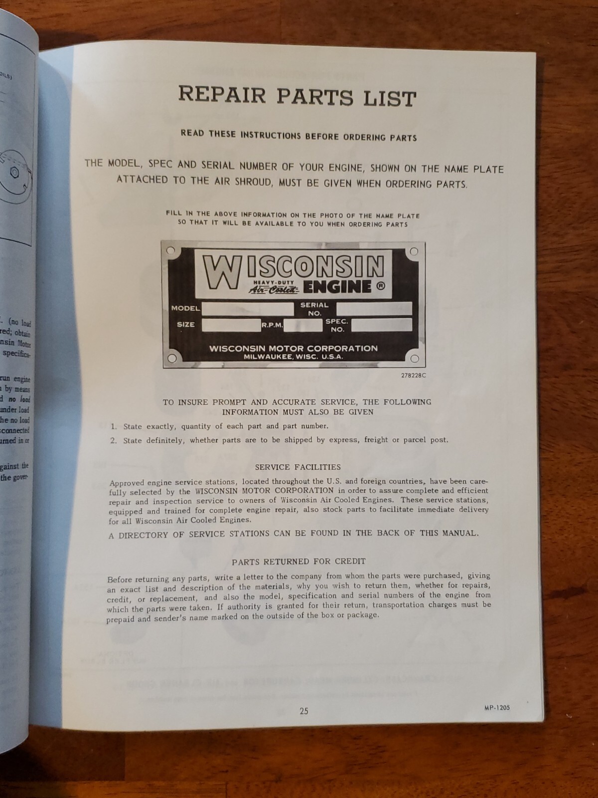 Wisconsin MODEL TR-10D Air Cooled Heavy Duty Engines Instruction Book/Parts List