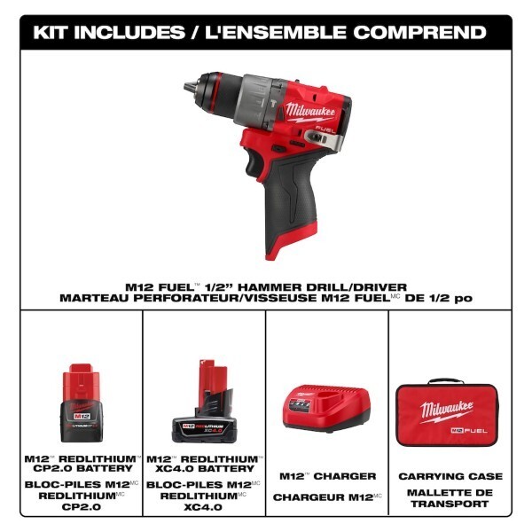 Milwaukee CANADA 12V Li-Ion Brushless Cordless 1/2 in Hammer Drill Kit