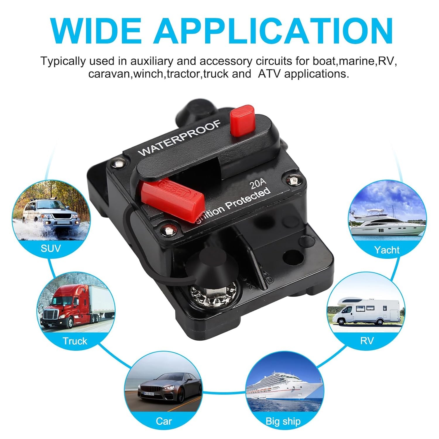 20 Amp Audio Circuit Breaker,12V-48V DC Fuse Holder,30-300A Breaker Switch,Inlin