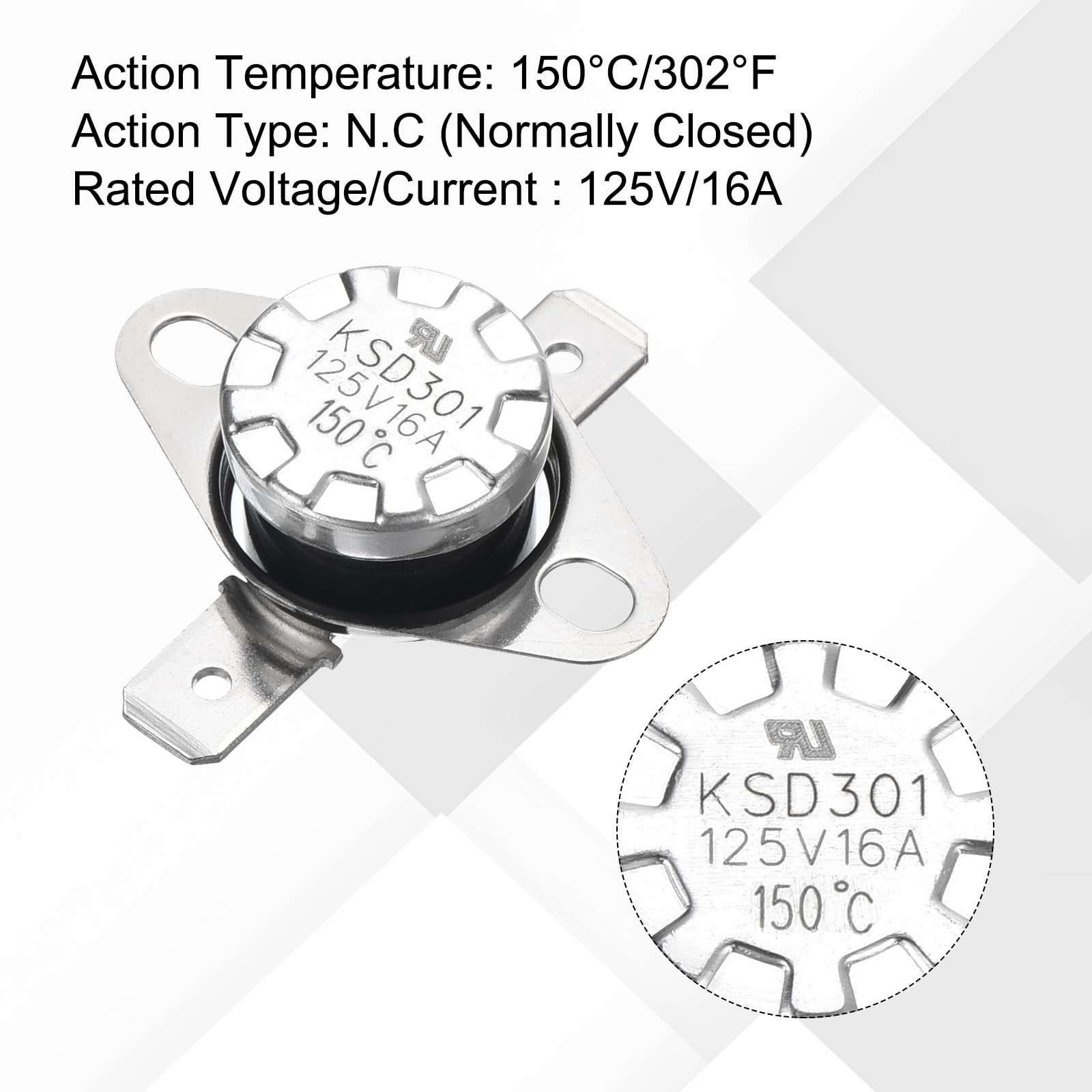 uxcell 2pcs KSD301 Thermostat 150°C/302°F 16A Normally Closed N.C Silver
