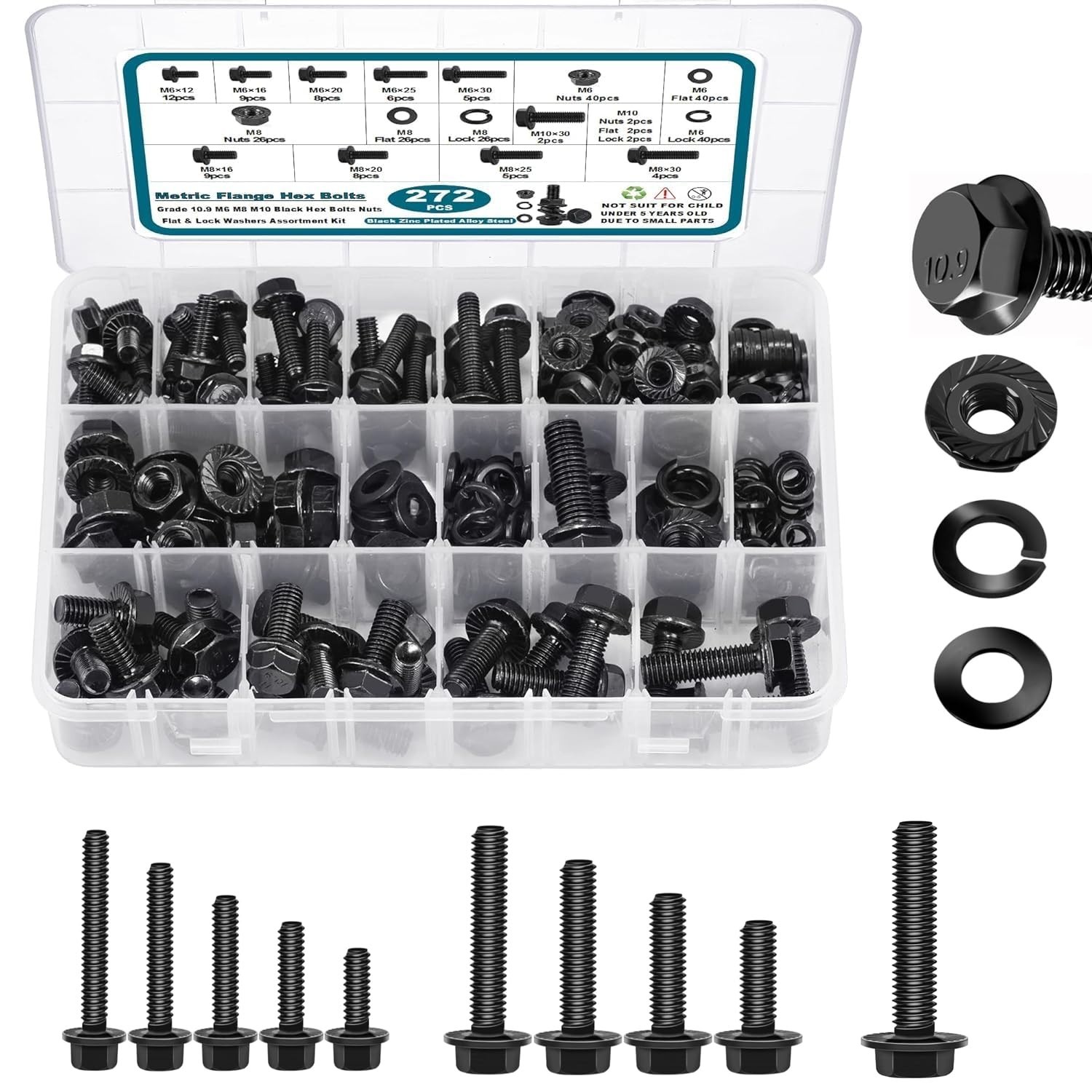272-Pcs Grade 10.9 Flange Bolts & Nuts Assortment Kit for Automotive Projects
