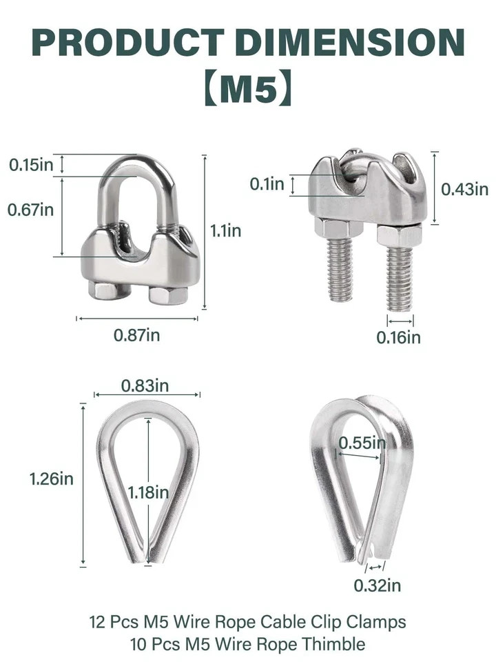 12Pcs 3/16″ M5 Wire Rope Clamps 10 Pcs M5 Wire Rope Thimble 304 Stainless Steel