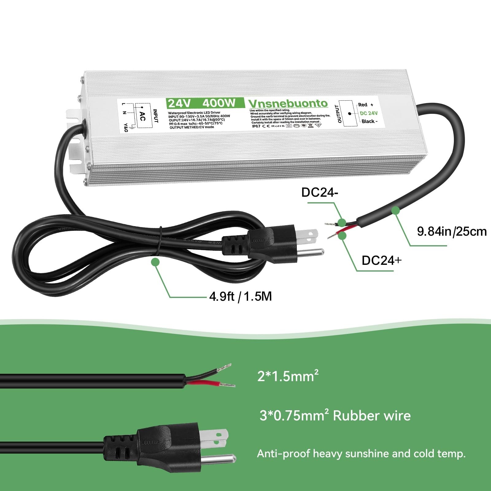 24V Power Supply 400W, 90-130V AC to 24V DC 16.7A Converter, IP67 Waterproof …