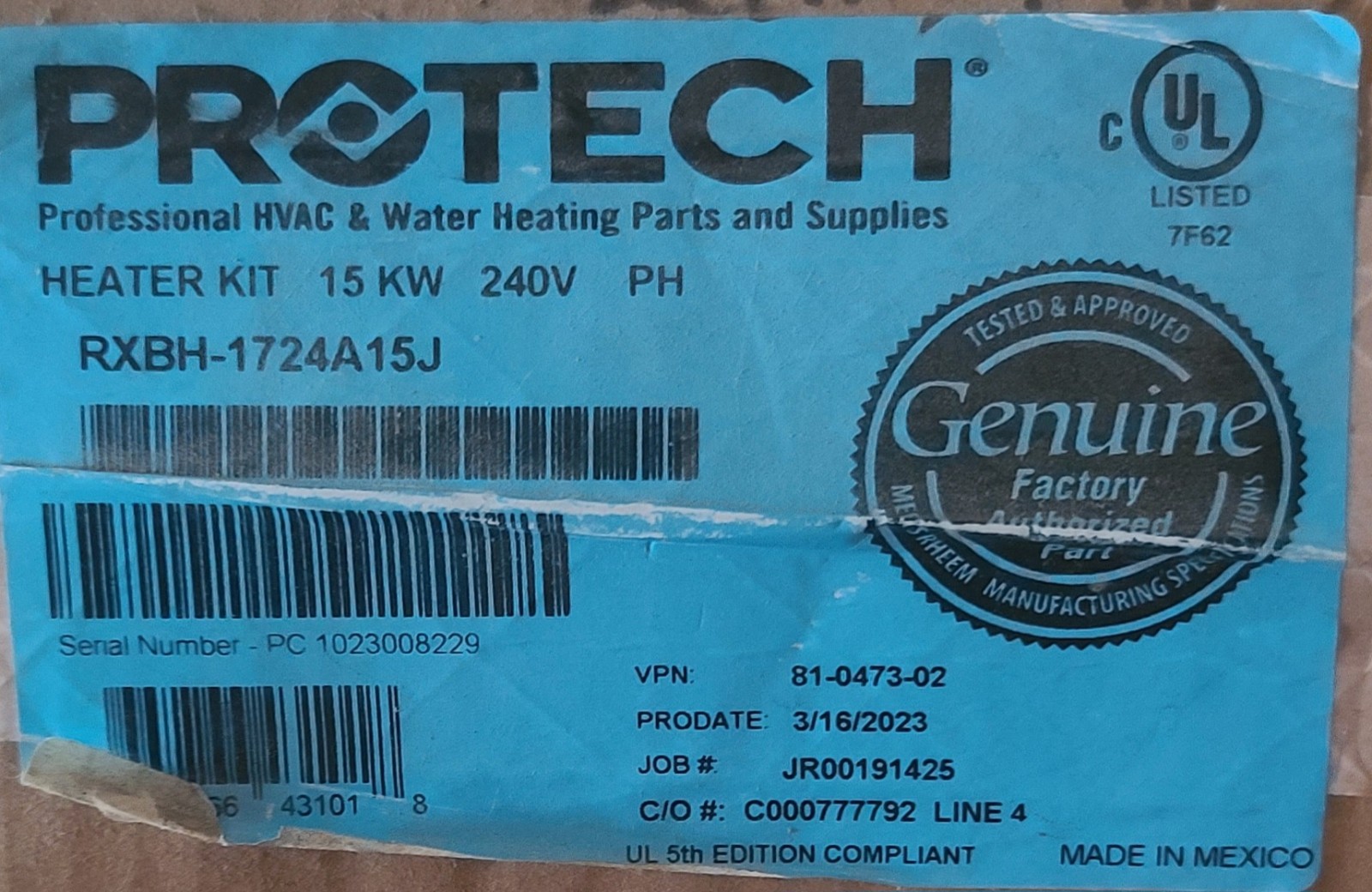 Protech RXBH-1724A15J HEATER KIT 15 KW 240V PH