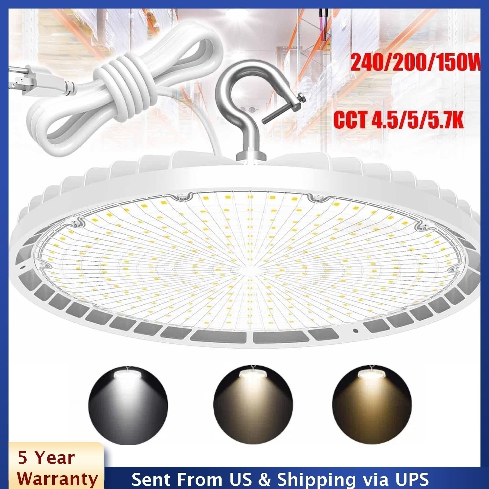 LED UFO High Bay BI Light 240W 200W 150W CCT 4500K to 5700K 100~277V Shop Light