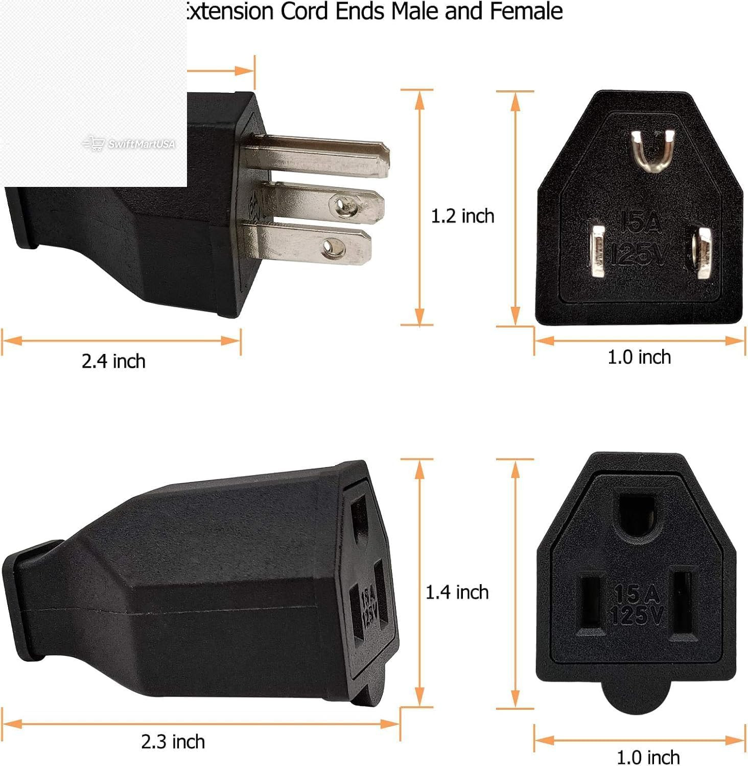 3 Pack 15 Amp 125V Straight Blade Plug Male Extension Cord Replacement Black