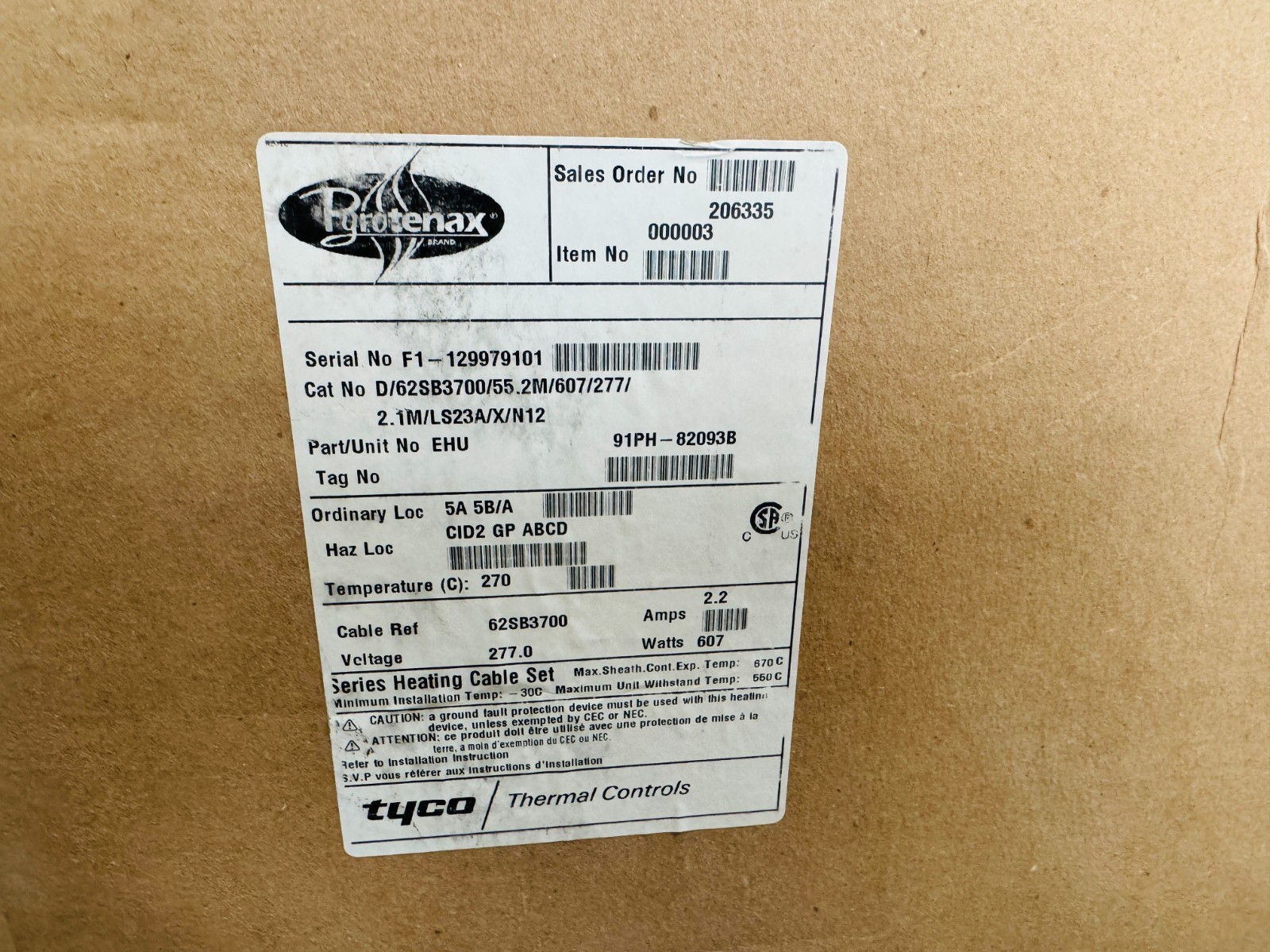 Pyrotenax D/62SB3700/55.2M/607/277/2.1M/LS23A/X/N12 607 Watts 277V Heating Cable