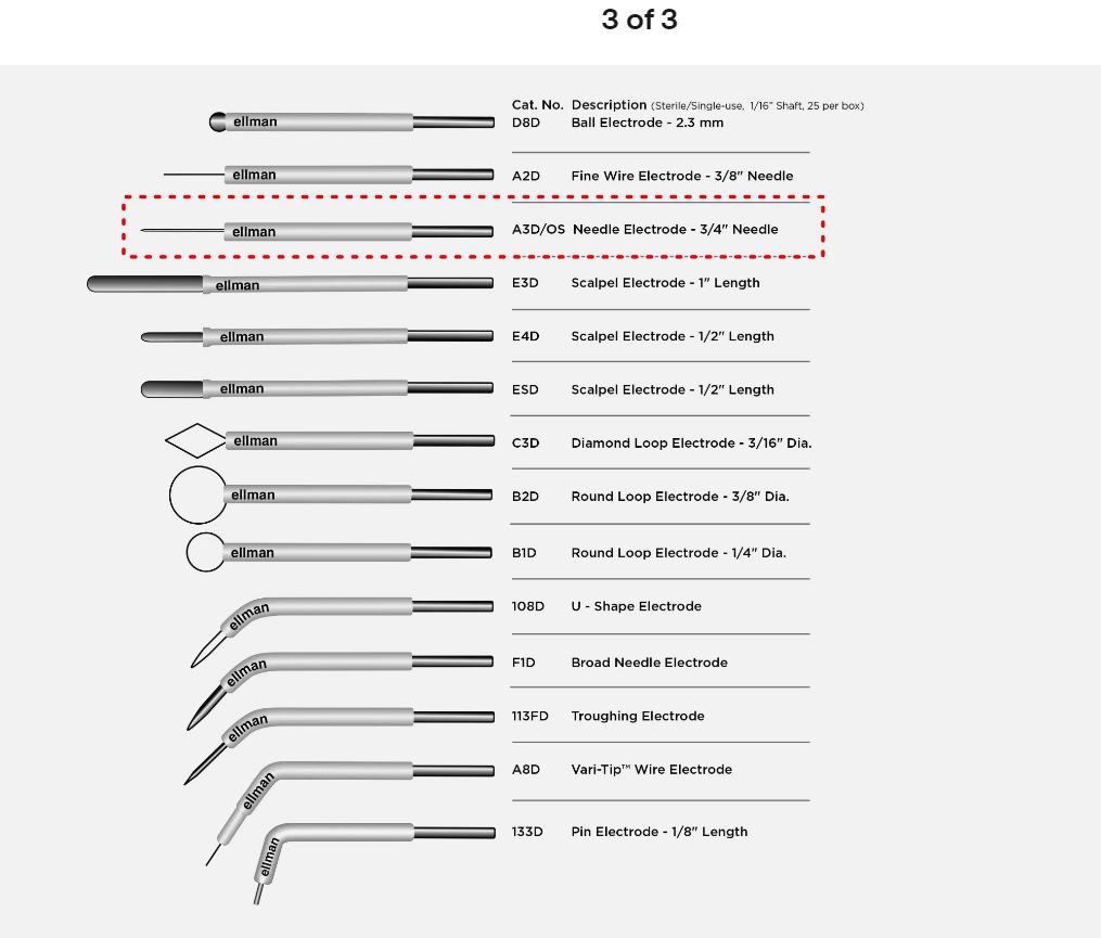 Ellman A3D/OS- Needle Electrode -Twenty-Five (25) Single-Use Disposable