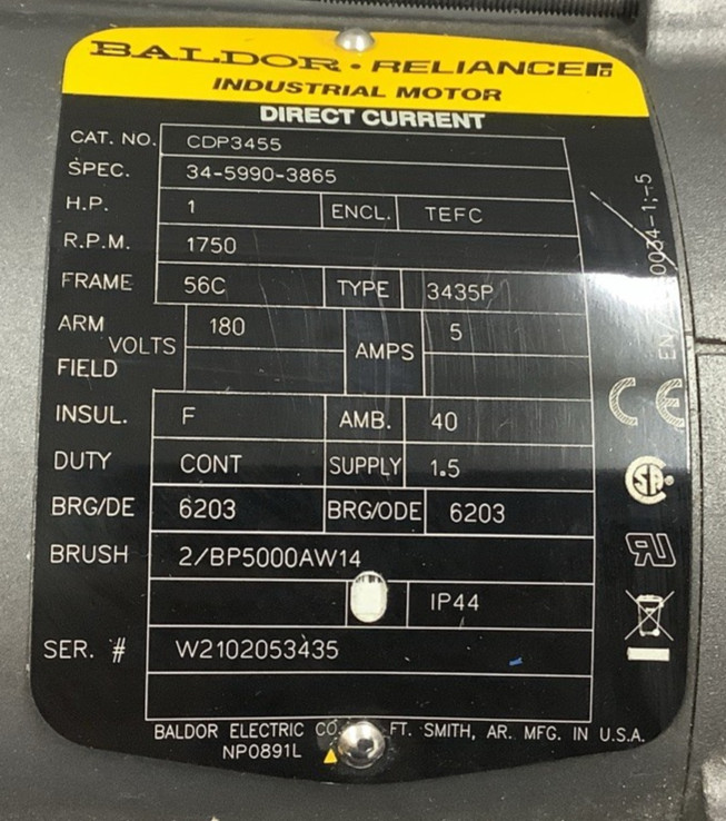Baldor-Reliance CDP3445 34-5990-3865 Industrial DC Motor 1HP 1750RPM 180V(R103)