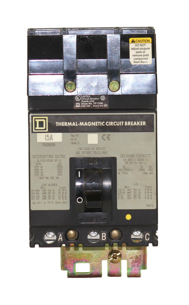 Square D FH36015 Breaker 15A 3‑Pole 600V 18kA I‑Line Thermal Magnetic 3‑Phase
