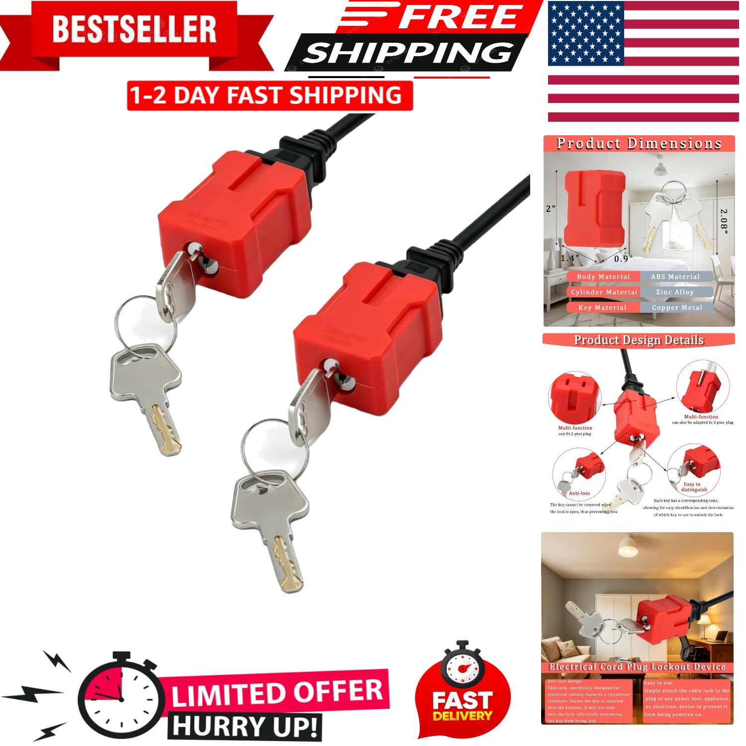 Plug Lock Electrical Cord Plug Lockout Device for Electrical Cord, 2 Pack Plug L