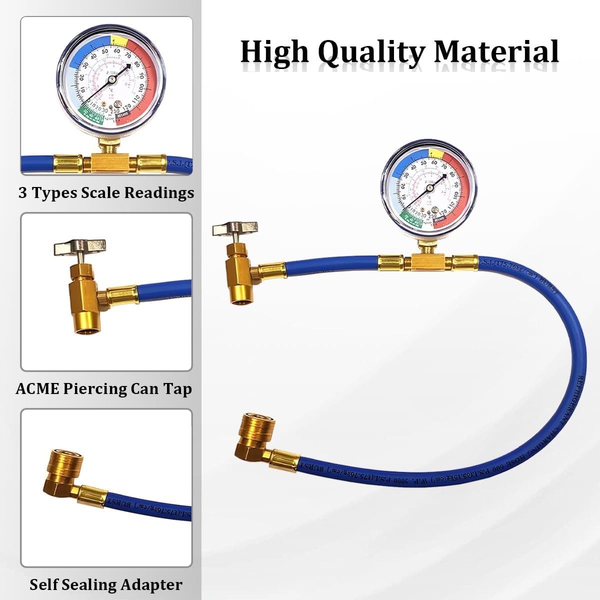 R134A AC Recharge Hose Kit with Gauge CarAir Conditioning PressureMeasuring Tool