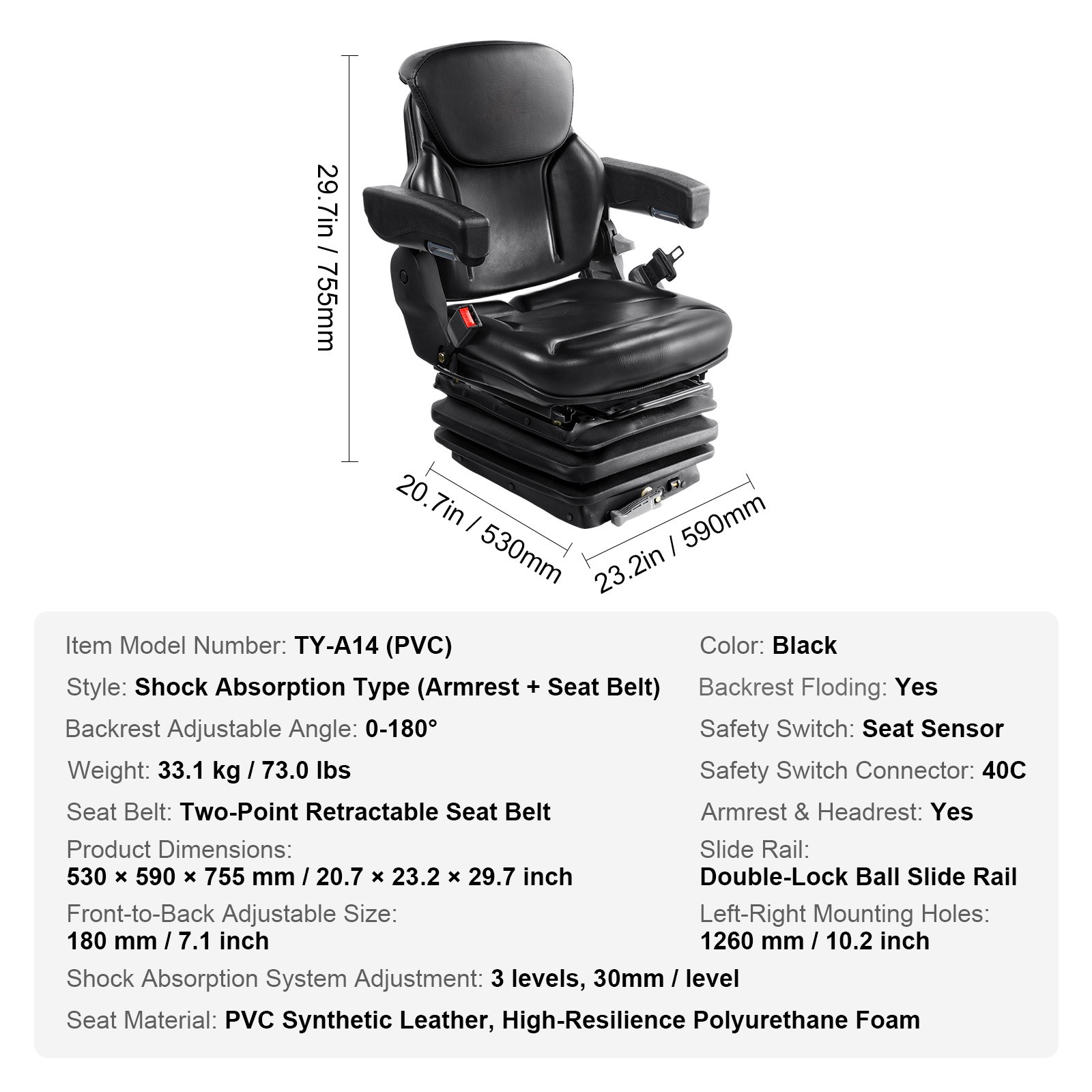 VEVOR Universal Forklift Seat Adjustable Tractor Seat with Seatbelt Armrests