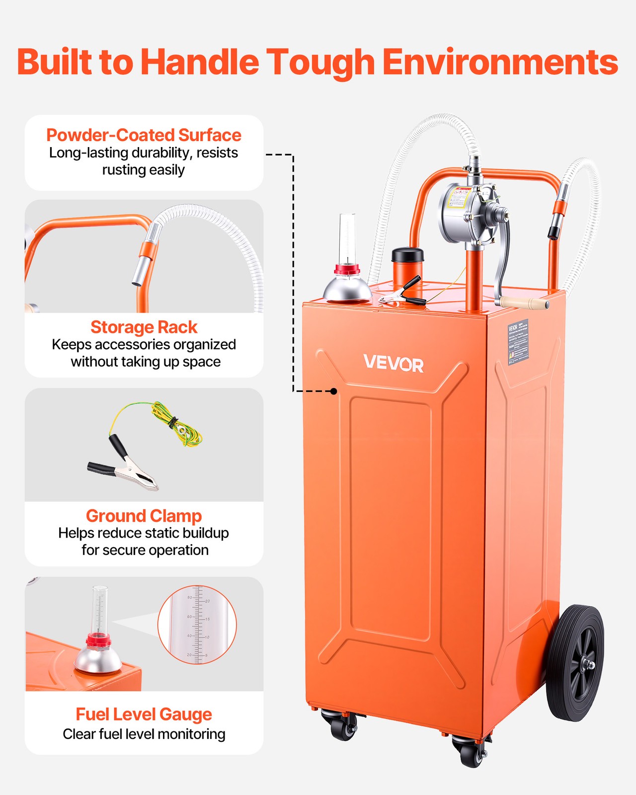 VEVOR 35 Gal Fuel Gas Caddy Portable Storage Tank Manual Pump 4 Wheels Orange