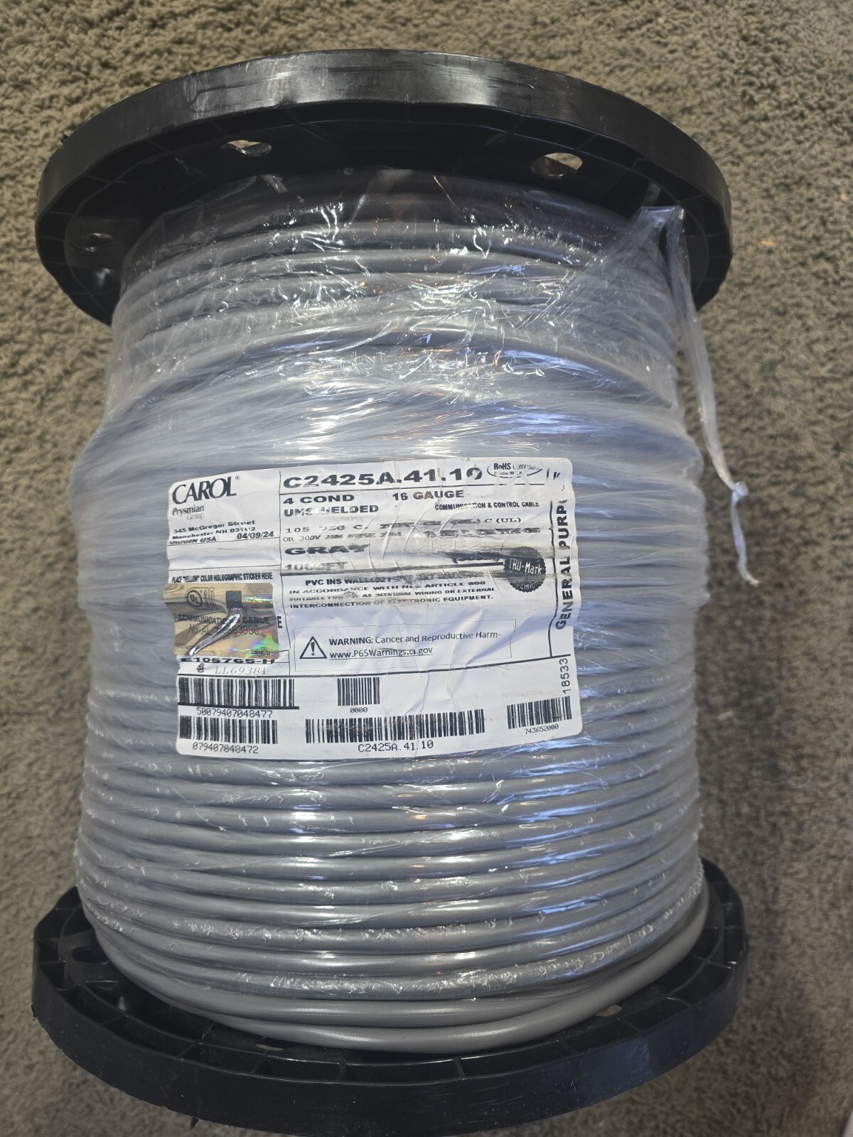 50ft Carol 16Awg 4C General Purpose C2425A.41.10 Gray Unshielded