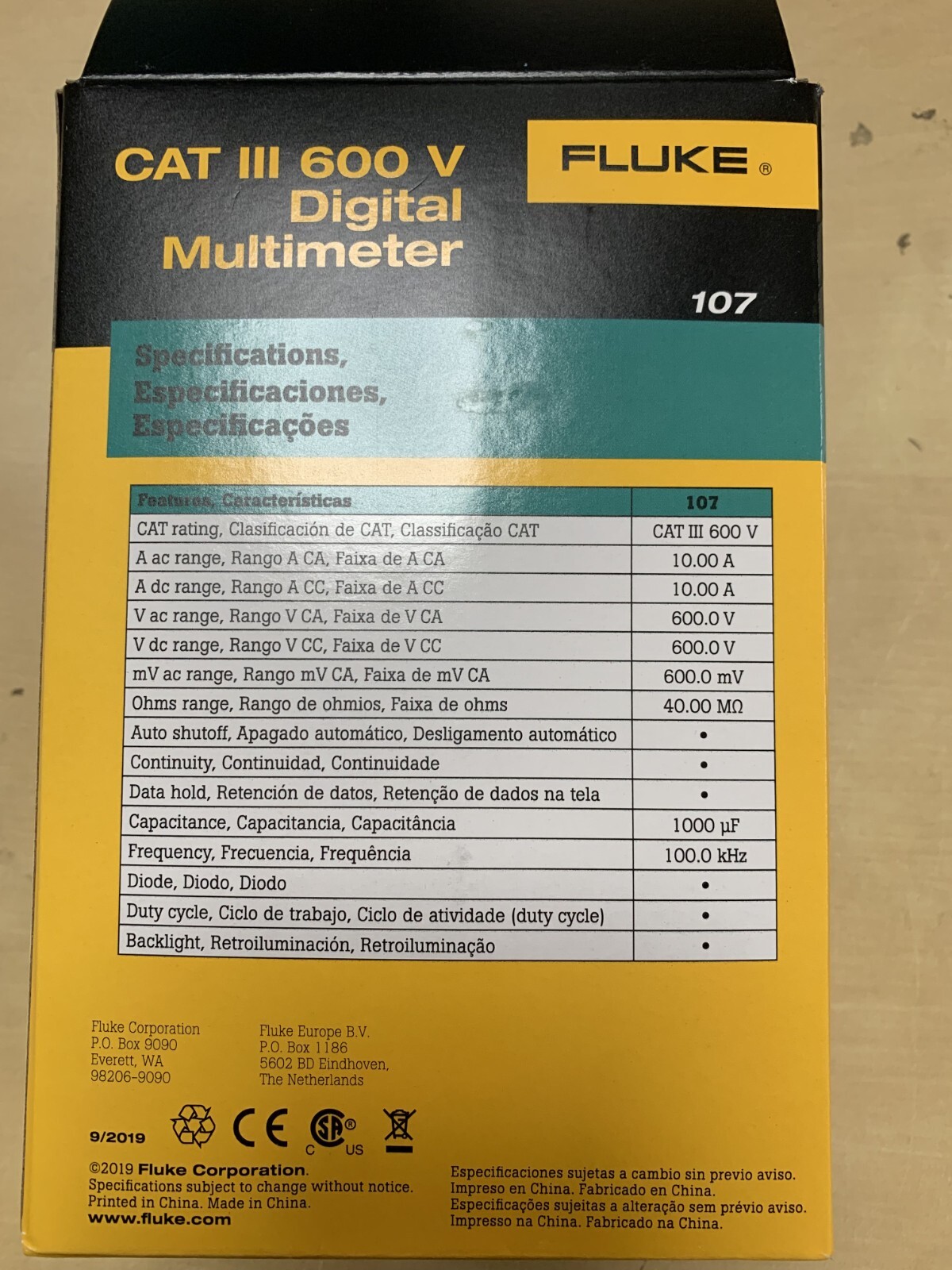 Fluke 107 Digital Multimeter Pocket Size Multi-functional Backlight AC/DC 600V