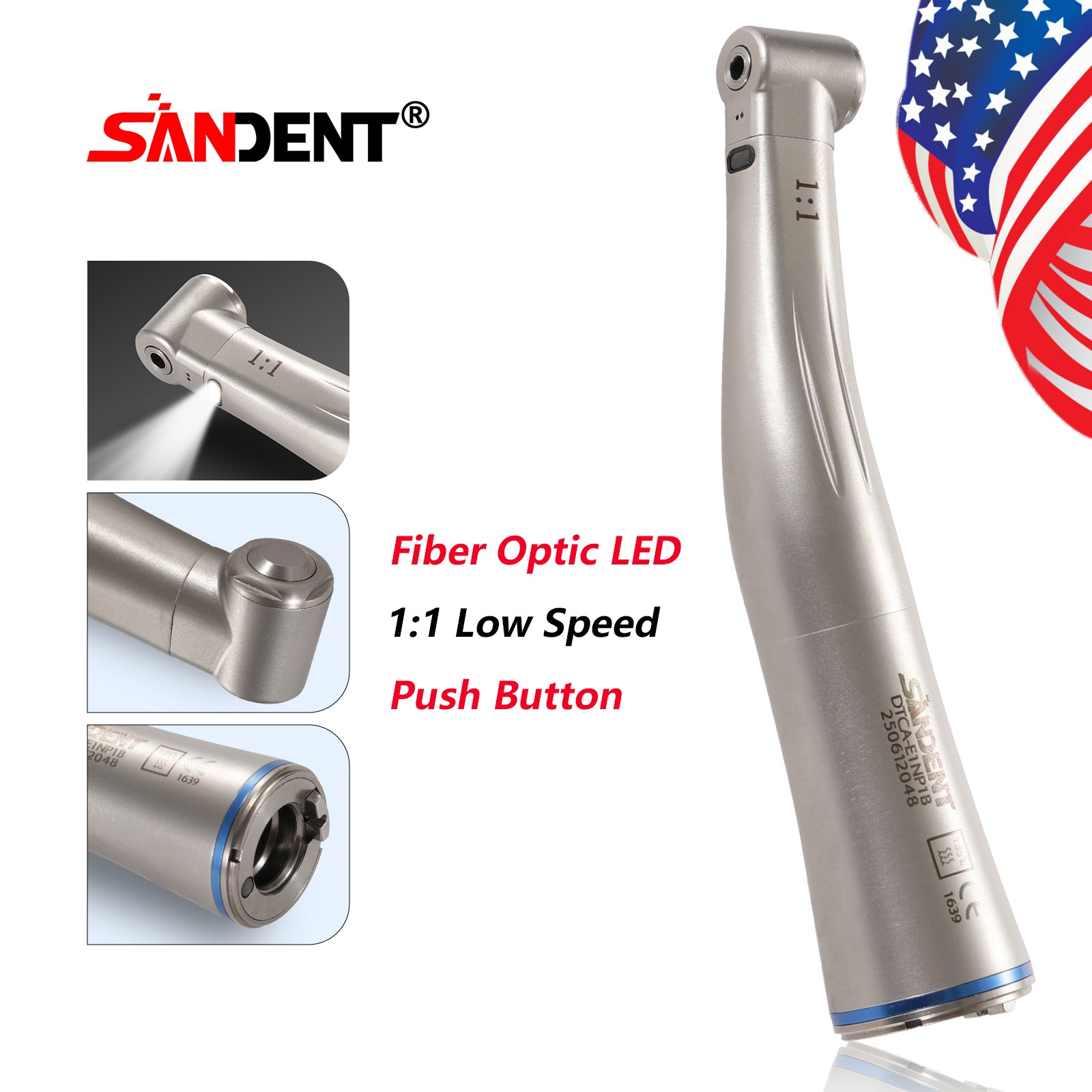 1-5 SANDENT LED Dental 1:1 Fiber Optic Contra Angle Low Speed Handpiece NEW