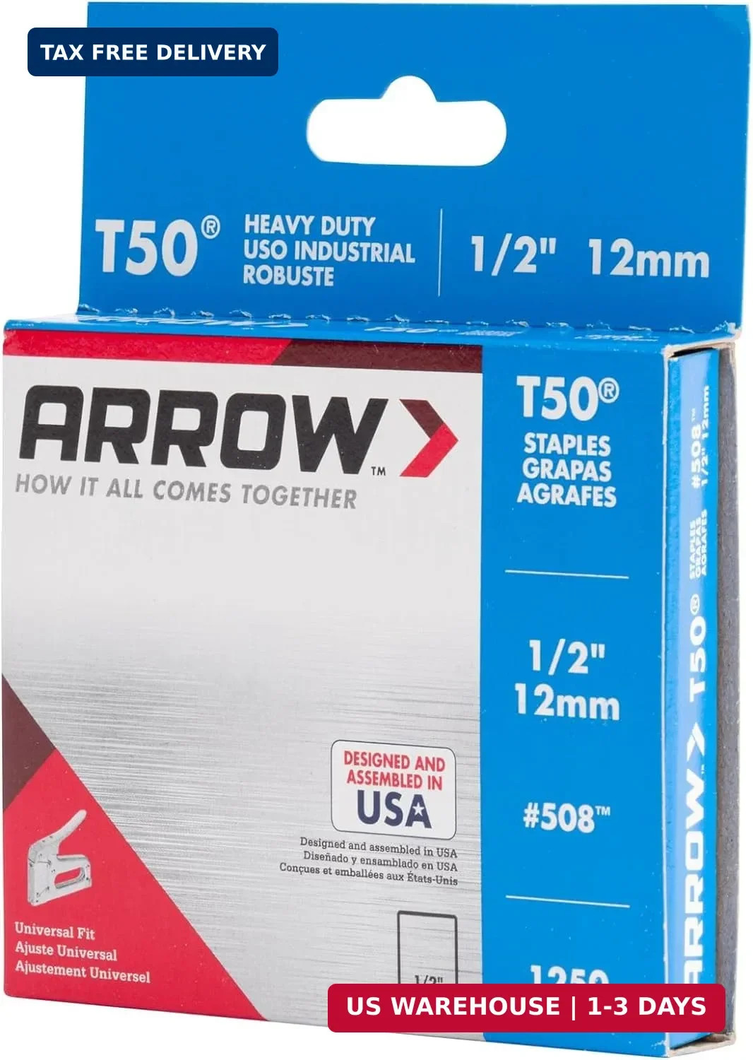 Arrow 508 Heavy Duty T50 1/2-Inch Leg Length, 3/8-Inch Crown, Staples for Uphols