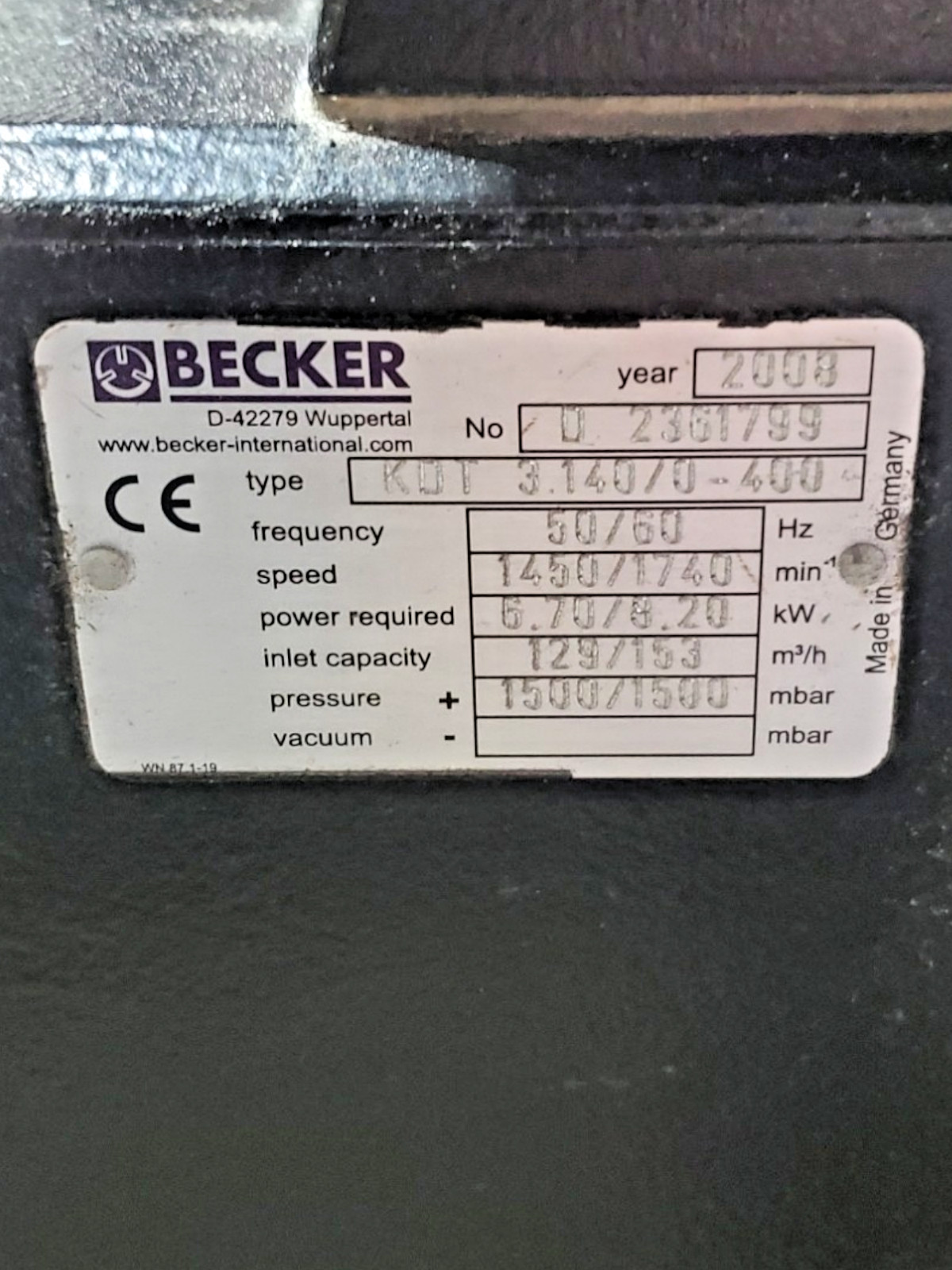Becker KDT 3.140/0-400 VARIAIR Rotary Vane Compressor Oil Free 6.70/8.20kW