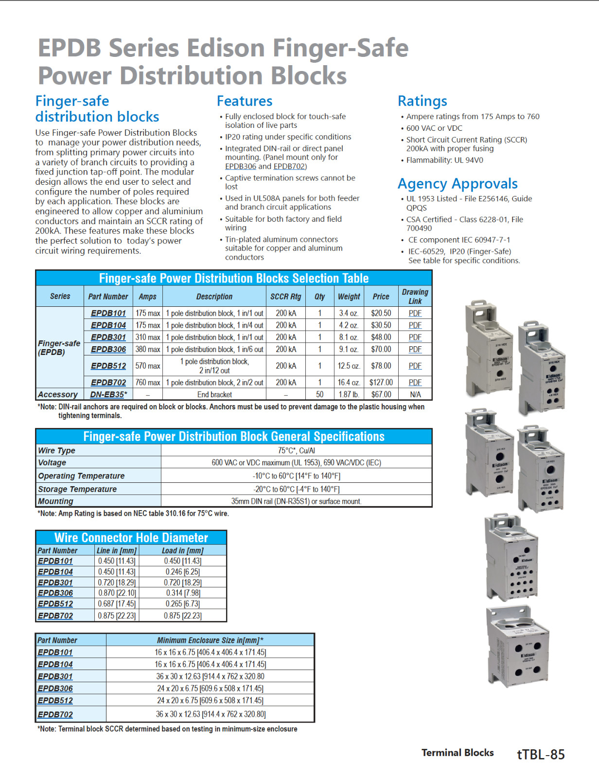 NEW Edison HPB104-3 Open Power Distribution Block, 175A, 3-pole. 600V rated.
