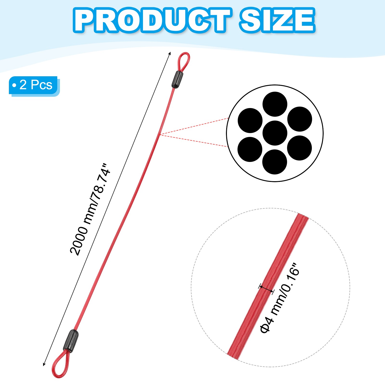 2 Pcs 5/32″ Dia 7 ft (79″) Vinyl Stainless Steel Cable with Loops Red