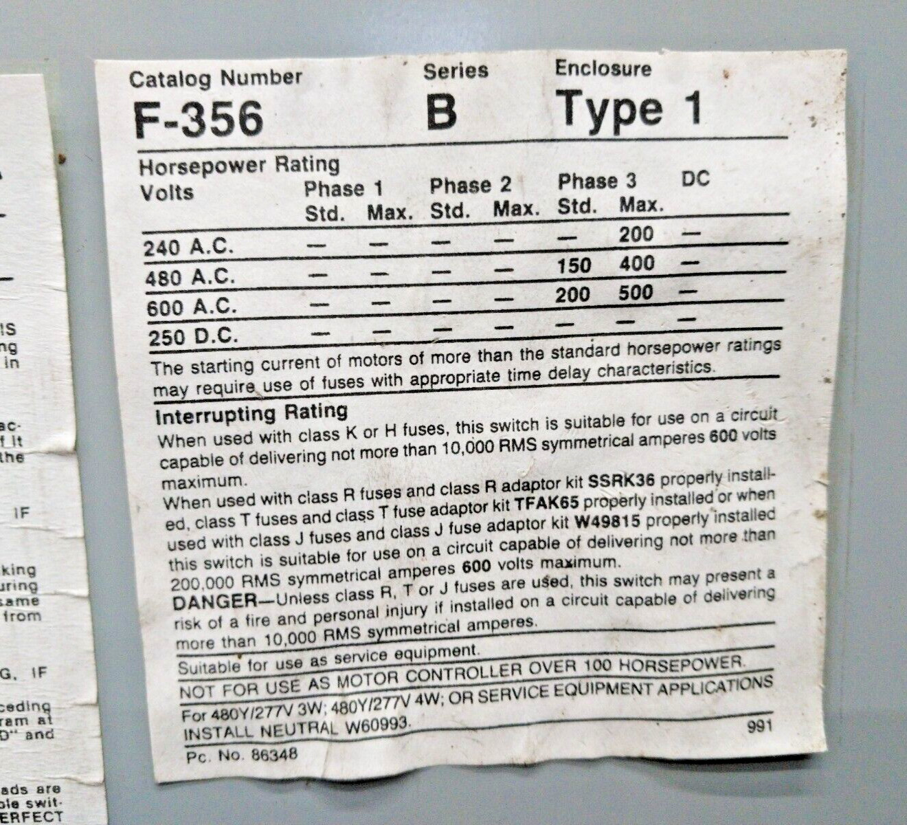 Siemens 600 Amp Fusible Safety Disconnect Switch 600 VAC 3 Pole F356