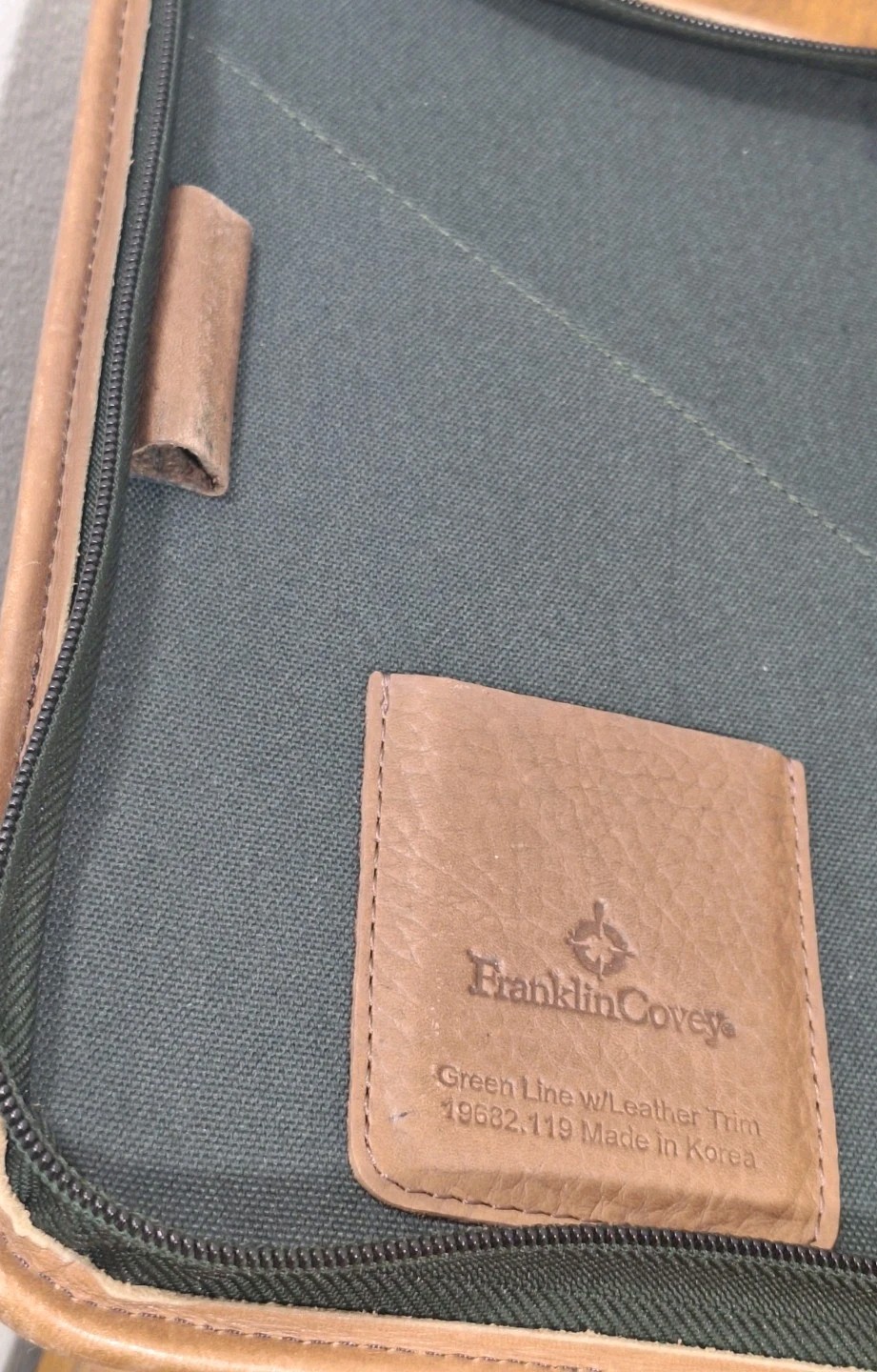 Vtg Franklin Covey Planner Green Canvas Tan Leather Trim 8×10 Full Zip Closure