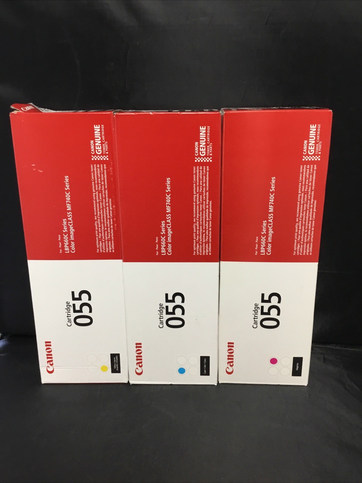 Canon 055 Toner Cartridges 3 PACK CYAN/MAGENTA/YELLOW (YELLOW BOX DENTED)