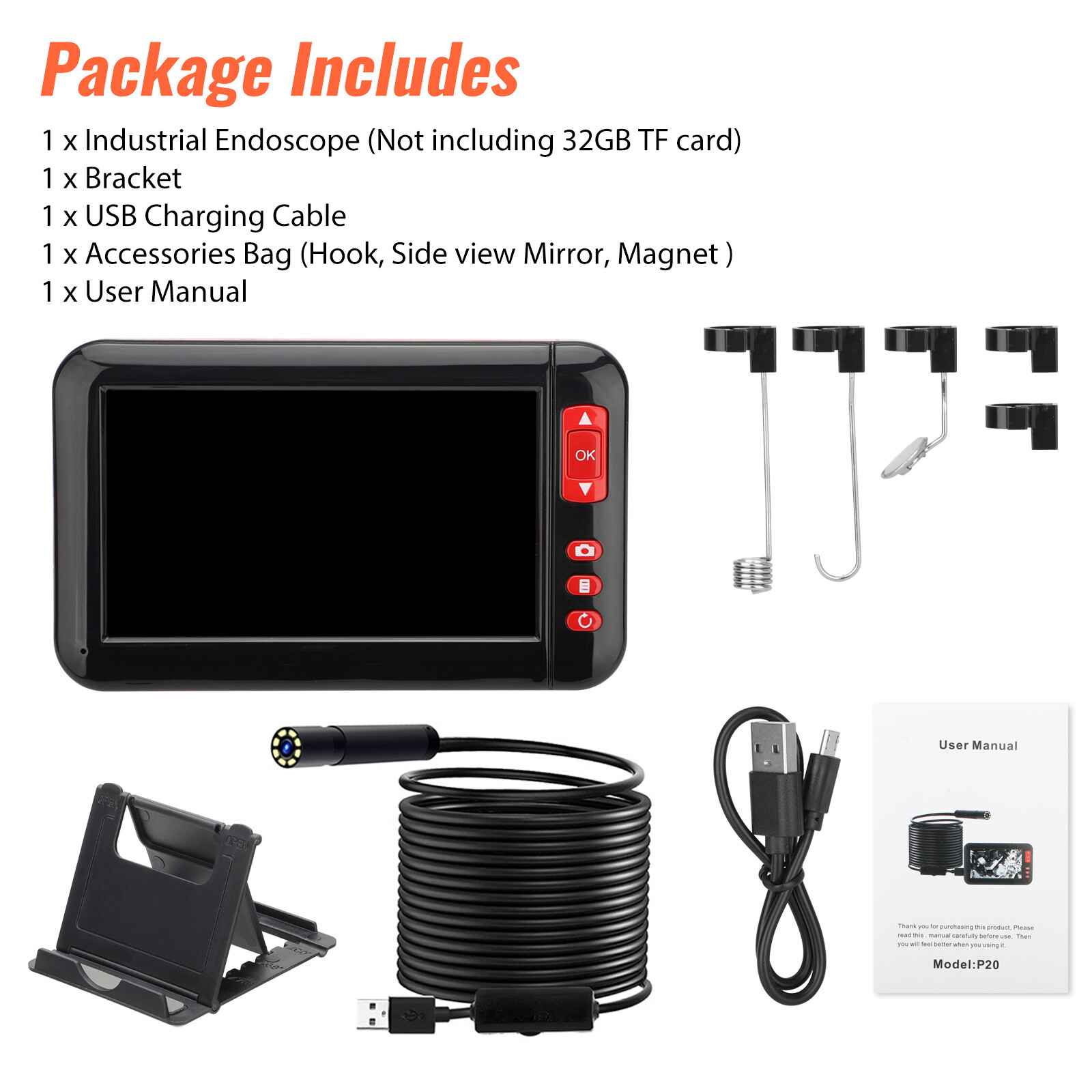 1080P HD Industrial Endoscope Borescope 4.3» Screen 8mm Inspection Snake Camera