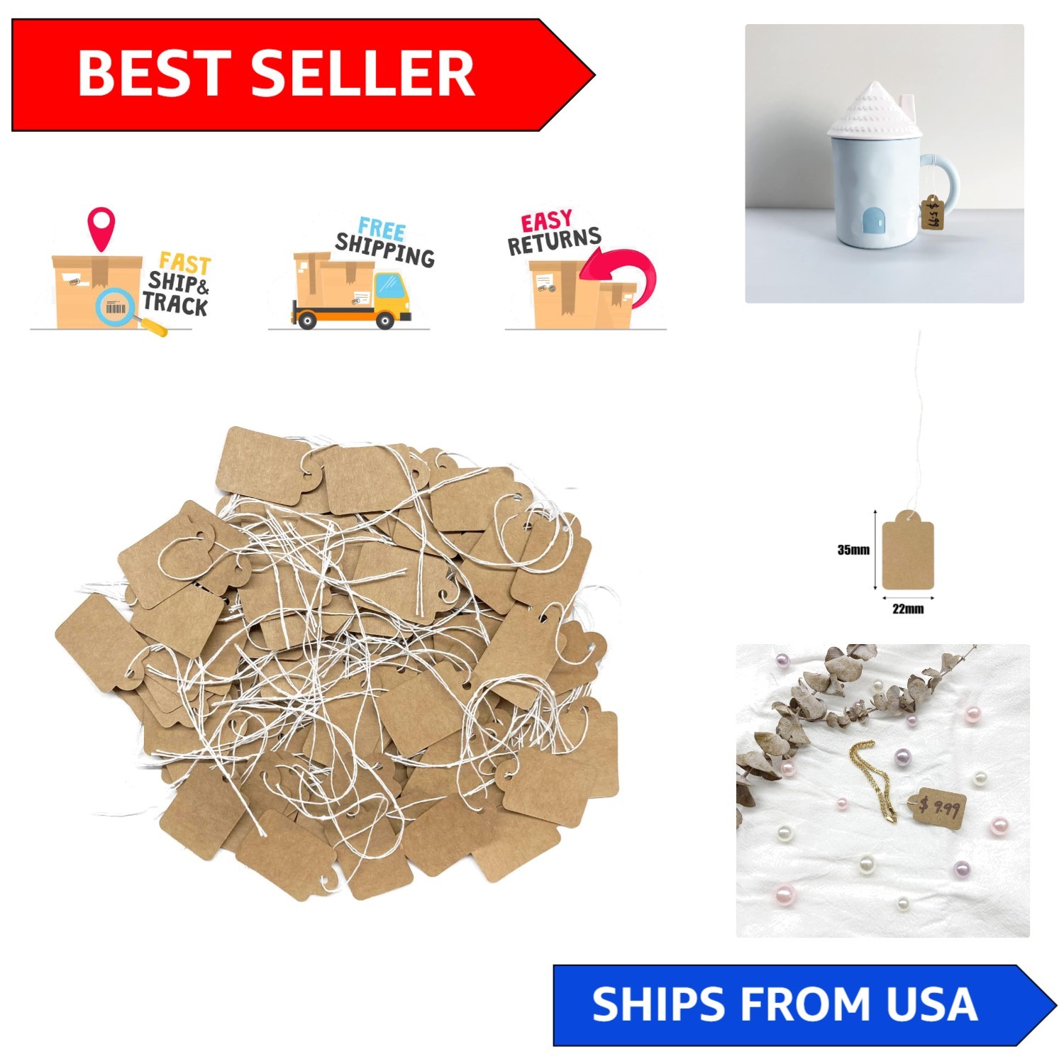 200 Pcs Rustic Kraft Price Tags with String – Writable Mini Labels 1.38″ x 0.87″